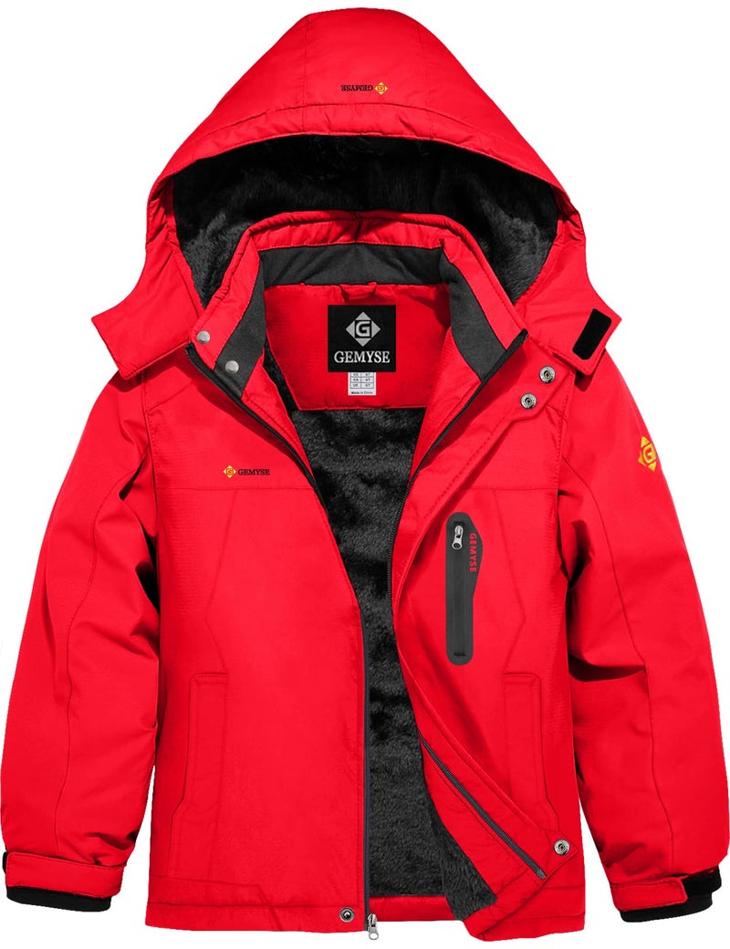 GEMYSE Boy's Waterproof Ski Snow Jacket Hooded Fleece Lined Windproof Winter Jacket (Red,10/12) - Image 1
